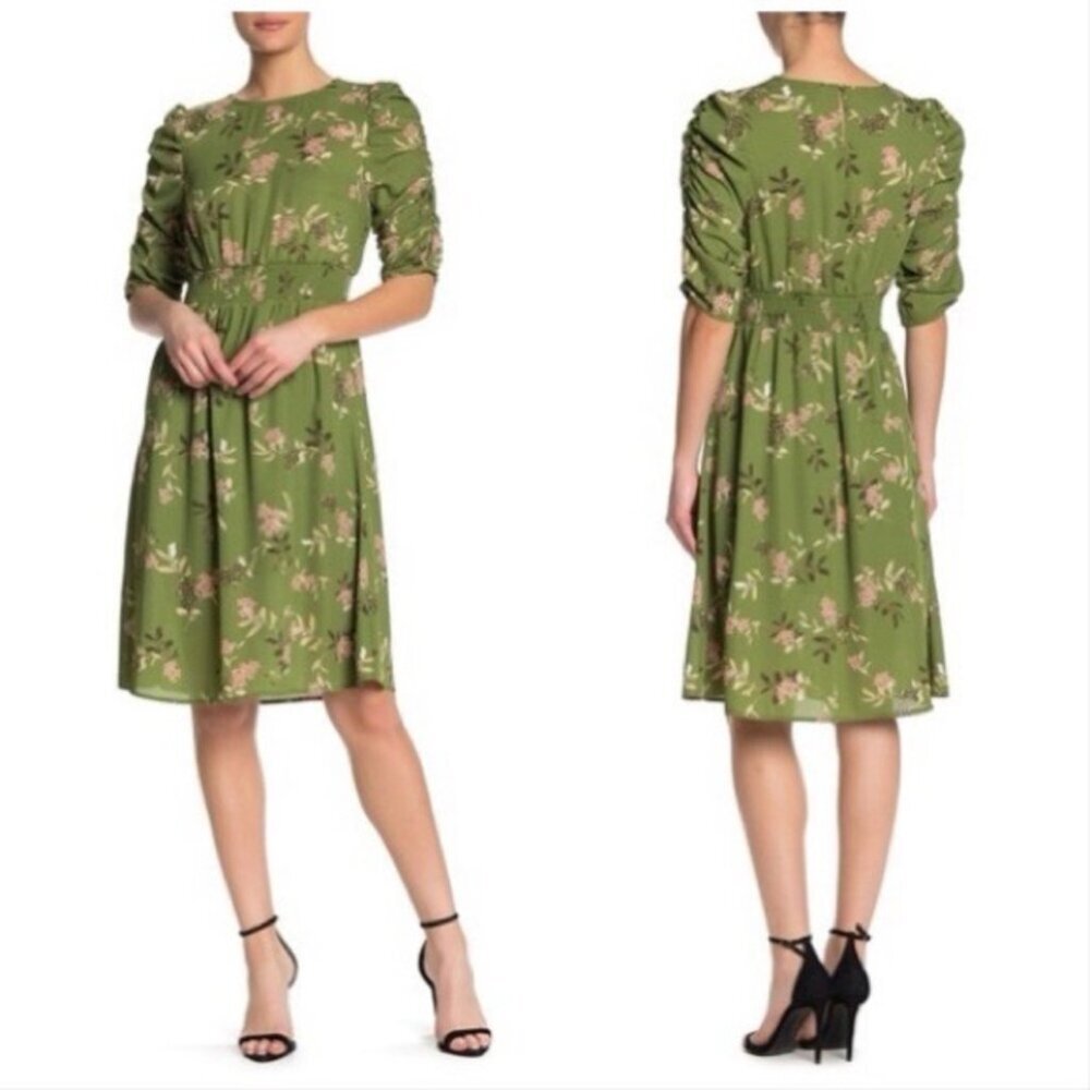 Bobeau Cinch Sleeve Smocked Waist Dress Size Medium